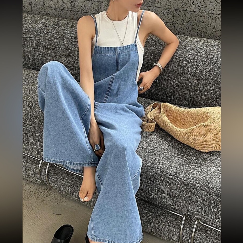 Light Blue Wide-Leg Denim Jumpsuit Jeans